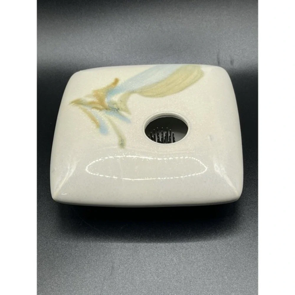Square Ikebana Vase with Flower Frog Studio Pottery Signed Black‎ Green 5